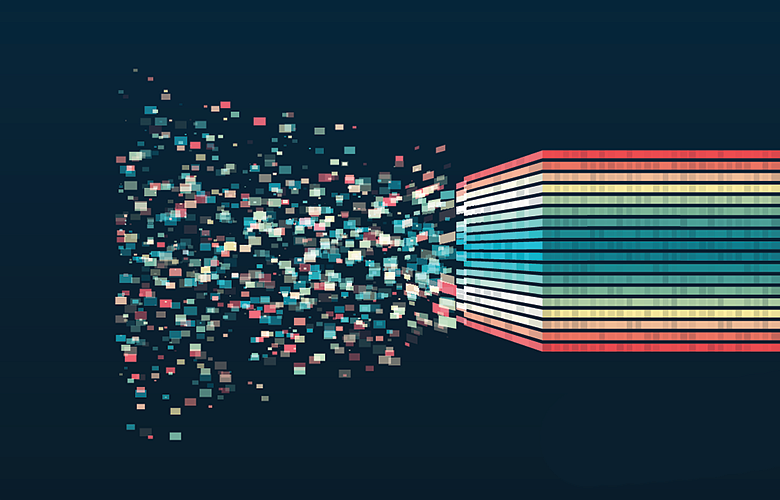 Image of individual bits of data forming into a complete image