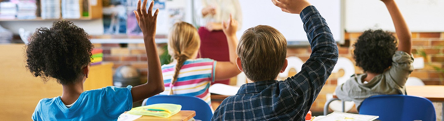 children raising their hands in school